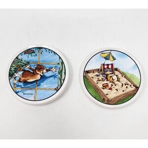 Set 2 Vtg Clay Design Gary Patterson Fun Cat Kitty Theme Ceramic Coasters Signed